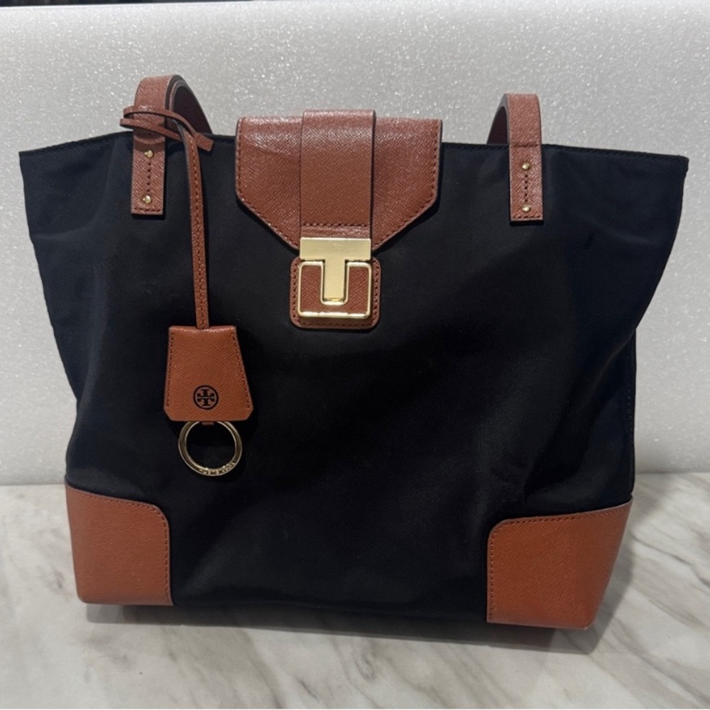 Tory Burch black/brown tote bag with gold accents great used condition